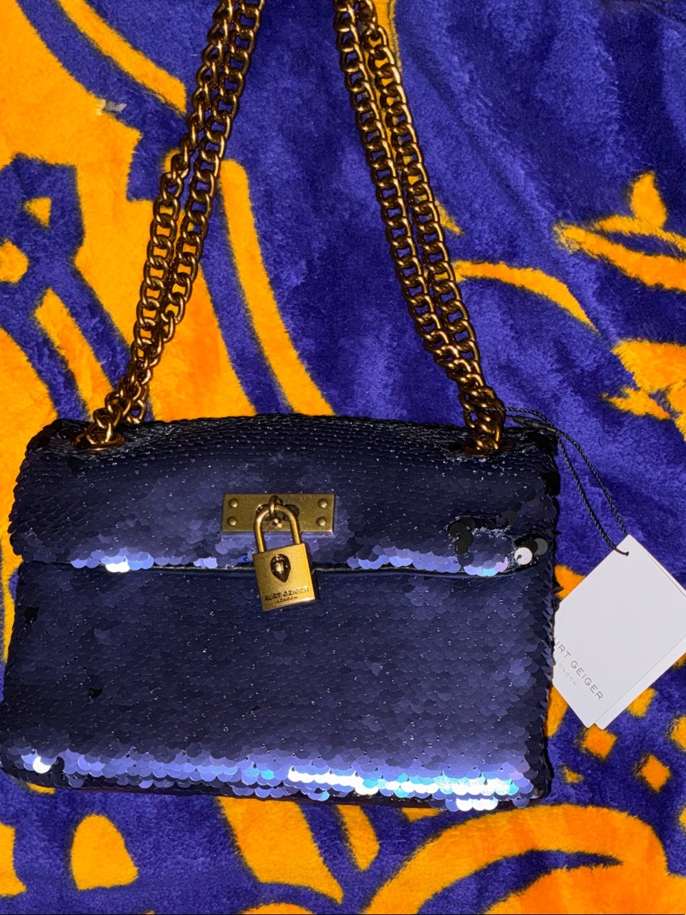 Kurt Geiger Navy Sequin Chain Shoulder Bag with Gold Hardware